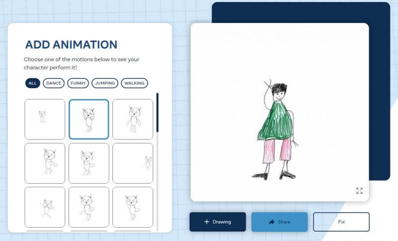 Нейросеть для создания мультфильмов Animated Drawings. Наконец, можно выбрать одну из множества анимаций. Фото.